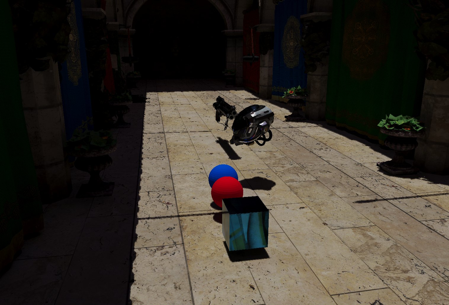 Cerberus path tracer rendering Sponza with a helmet, a gun model, two spheres and a cube, denoised with A-SVGF